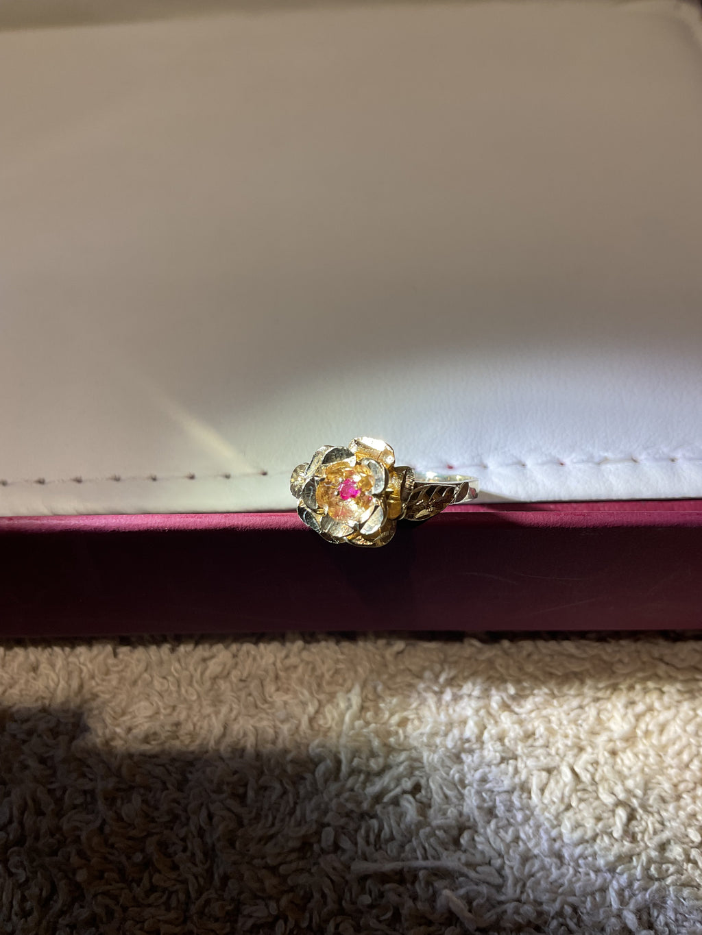 Handmade 14K Yellow Gold Rose Ring with Natural Ruby, Size 6