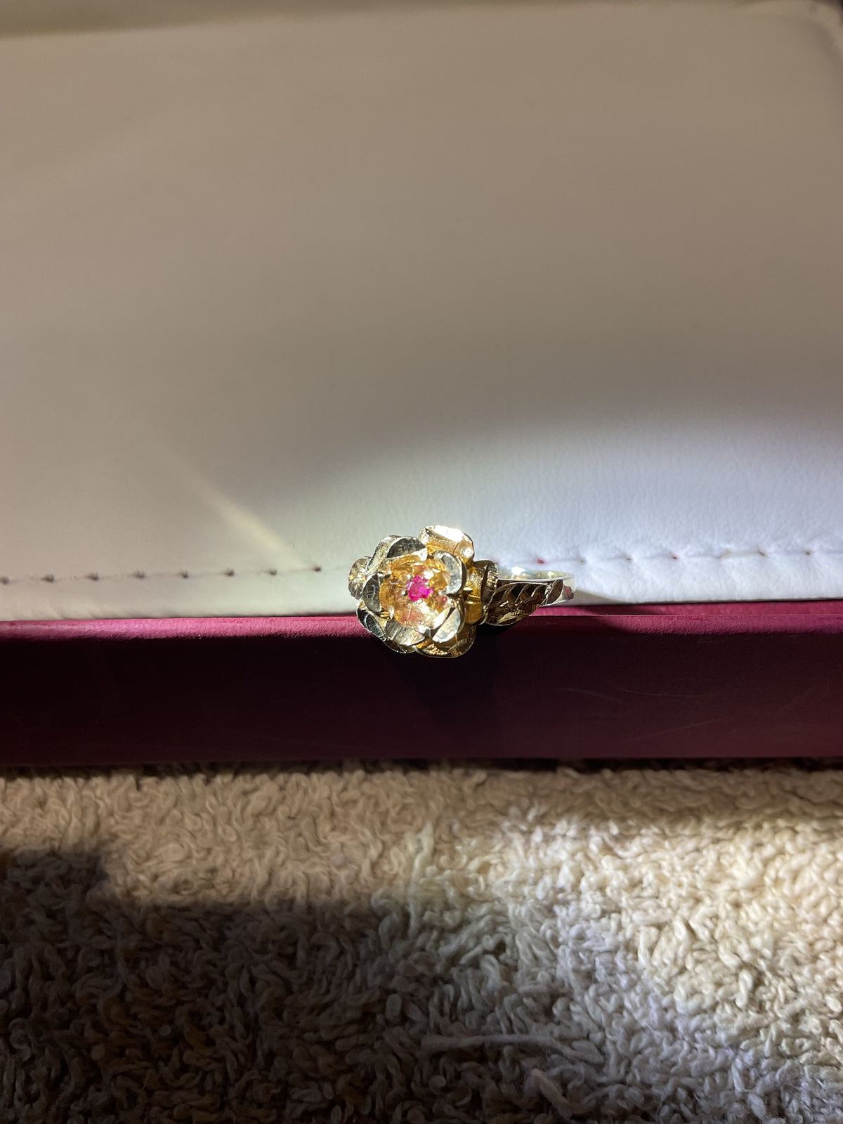 Handmade 14K Yellow Gold Rose Ring with Natural Ruby, Size 6