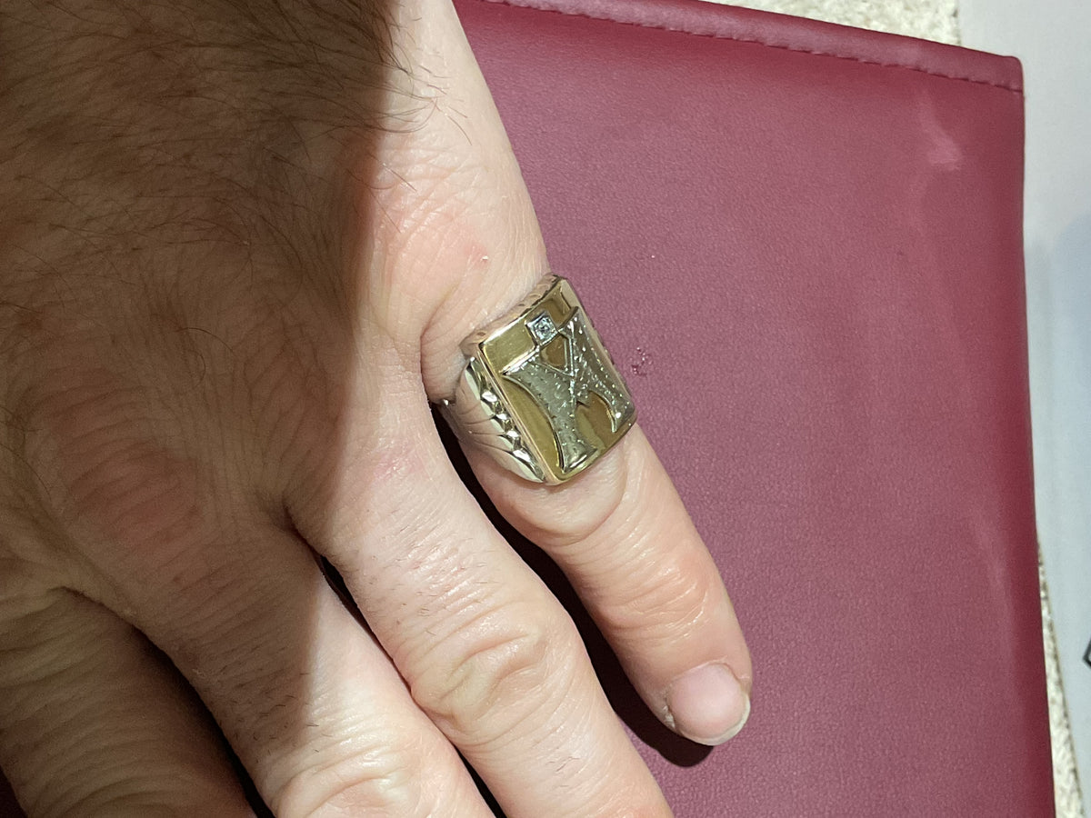 Antique 10K Two-Tone Gold Men's Monogram Signet Ring with Natural Diamond, Size 6.5