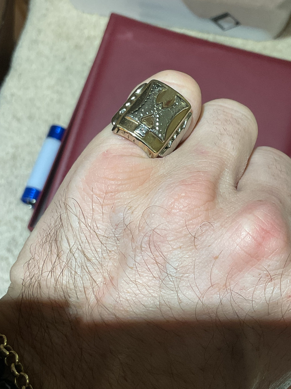 Antique 10K Two-Tone Gold Men's Monogram Signet Ring with Natural Diamond, Size 6.5