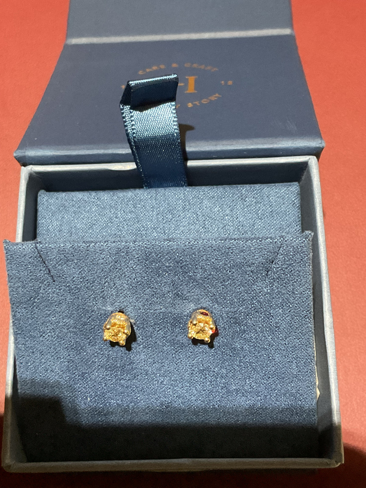 Estate 10K Yellow Gold Natural Yellow Diamond Stud Earrings with Red and Diamond Side Accents, 0.25 CTW