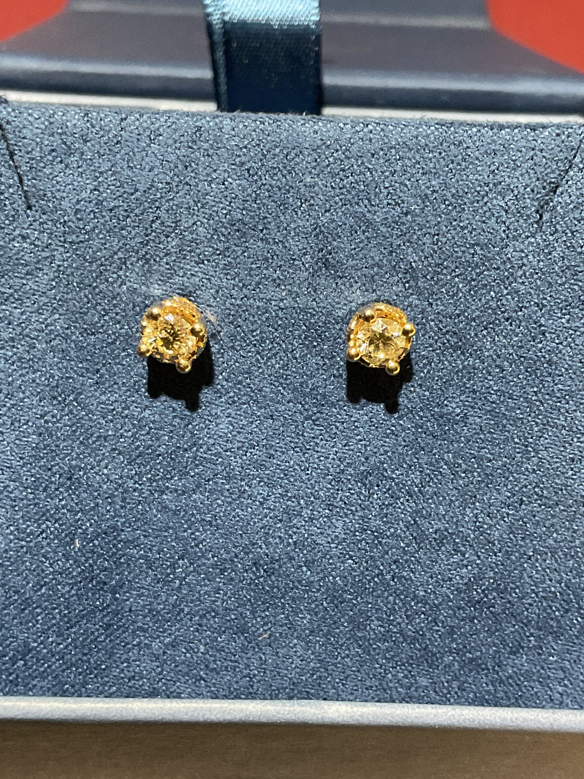 Estate 10K Yellow Gold Natural Yellow Diamond Stud Earrings with Red and Diamond Side Accents, 0.25 CTW