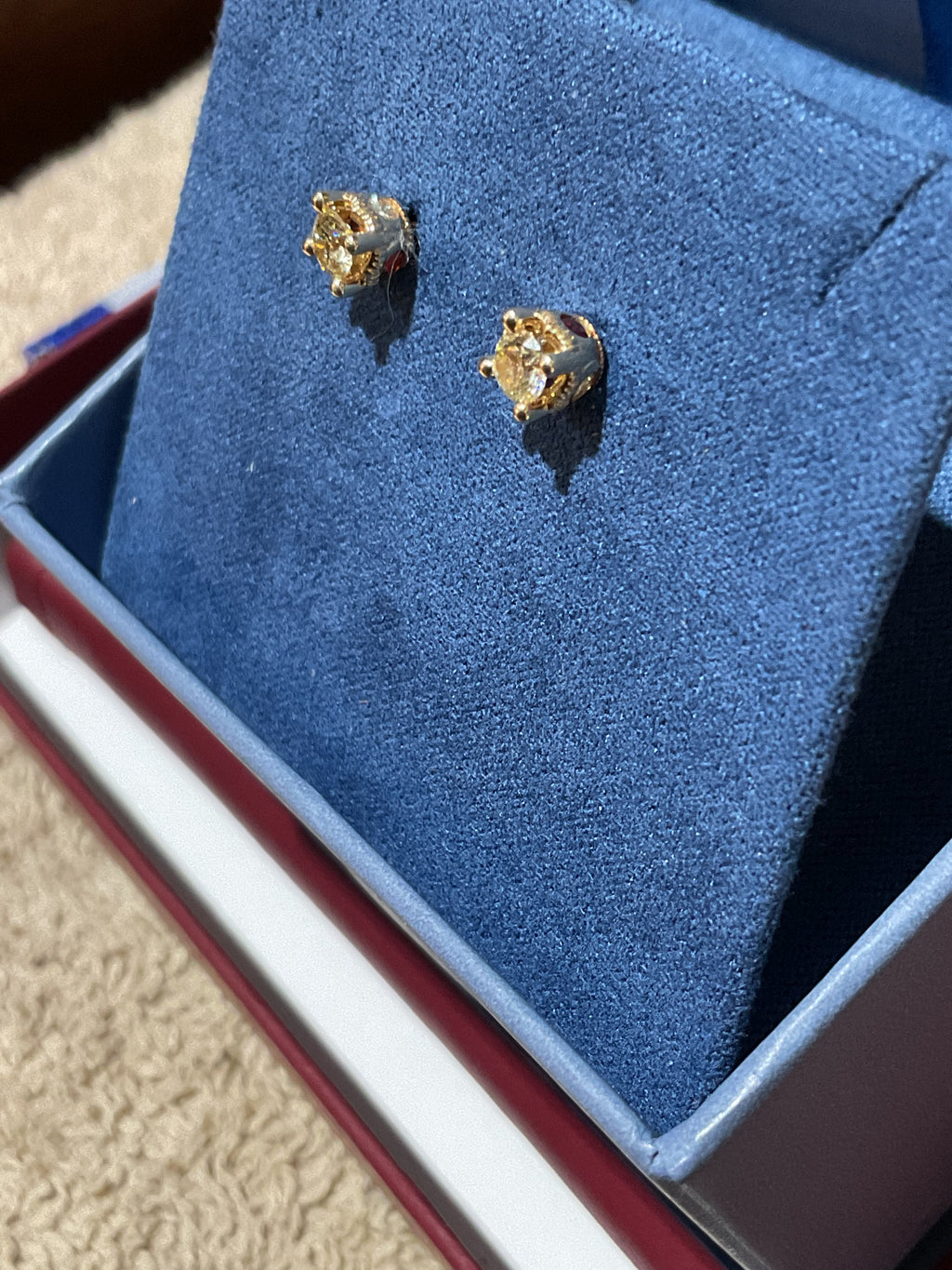 Estate 10K Yellow Gold Natural Yellow Diamond Stud Earrings with Red and Diamond Side Accents, 0.25 CTW