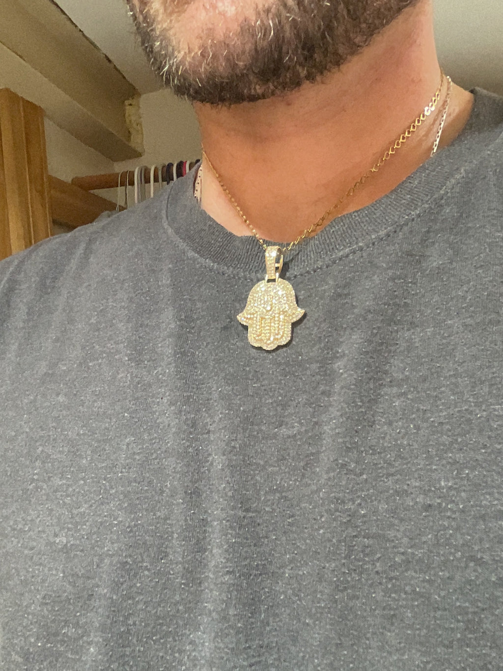 Handmade 14K Gold Diamond Hamsa Hand Pendant with 18K Gold Diamond-Link Chain Set
