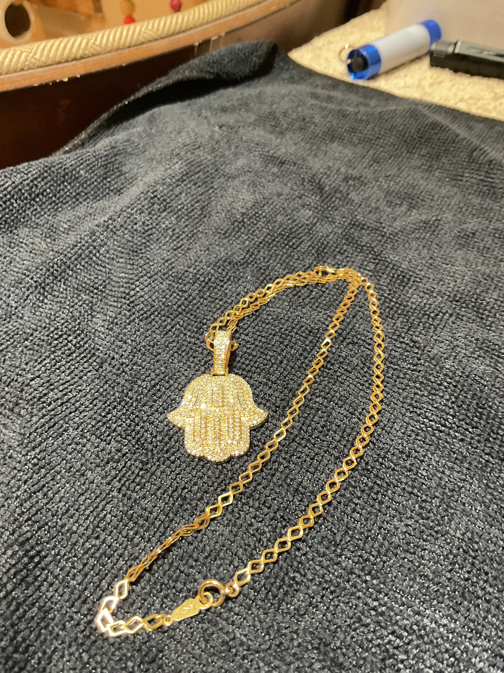 Handmade 14K Gold Diamond Hamsa Hand Pendant with 18K Gold Diamond-Link Chain Set