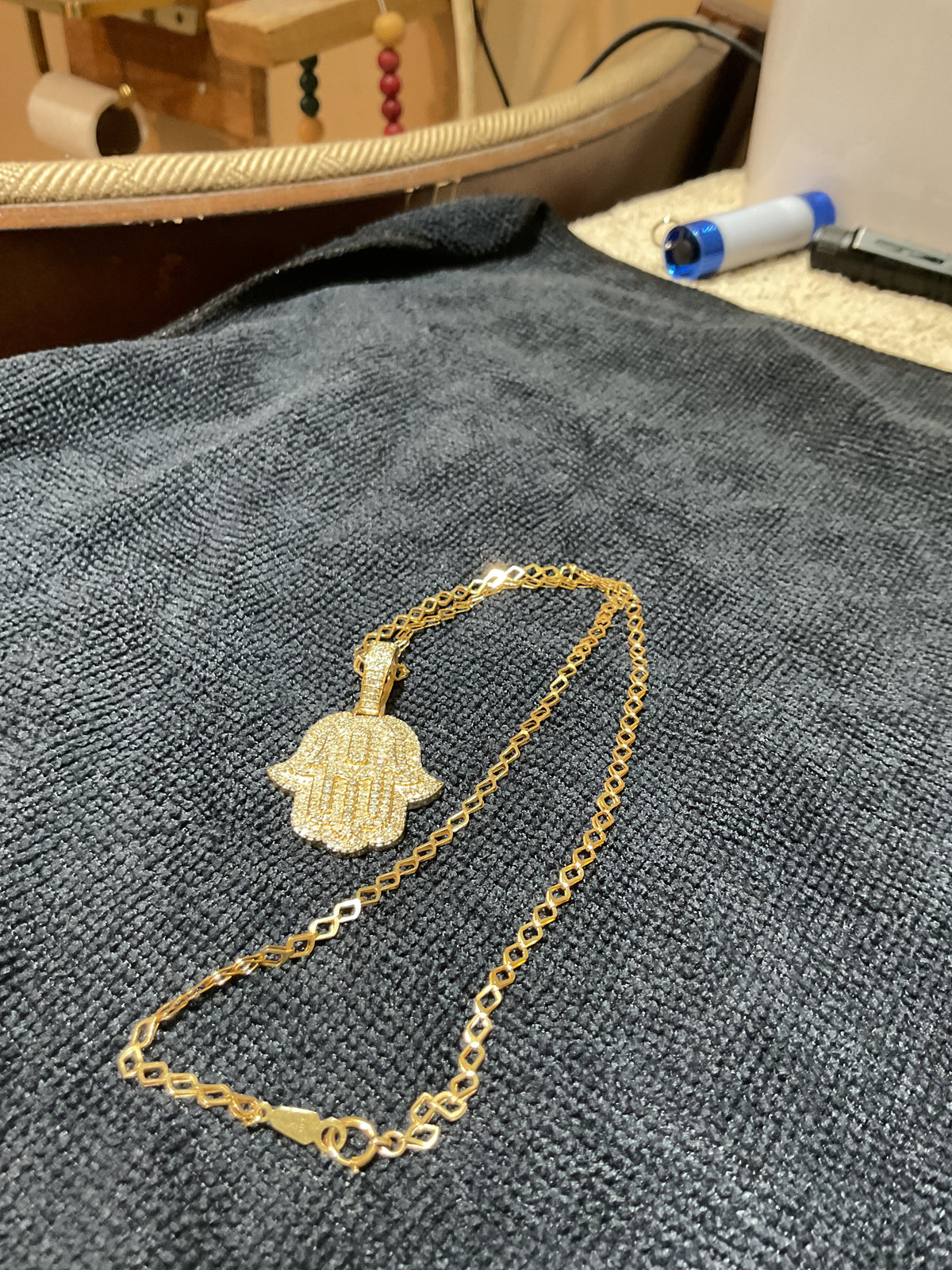 Handmade 14K Gold Diamond Hamsa Hand Pendant with 18K Gold Diamond-Link Chain Set