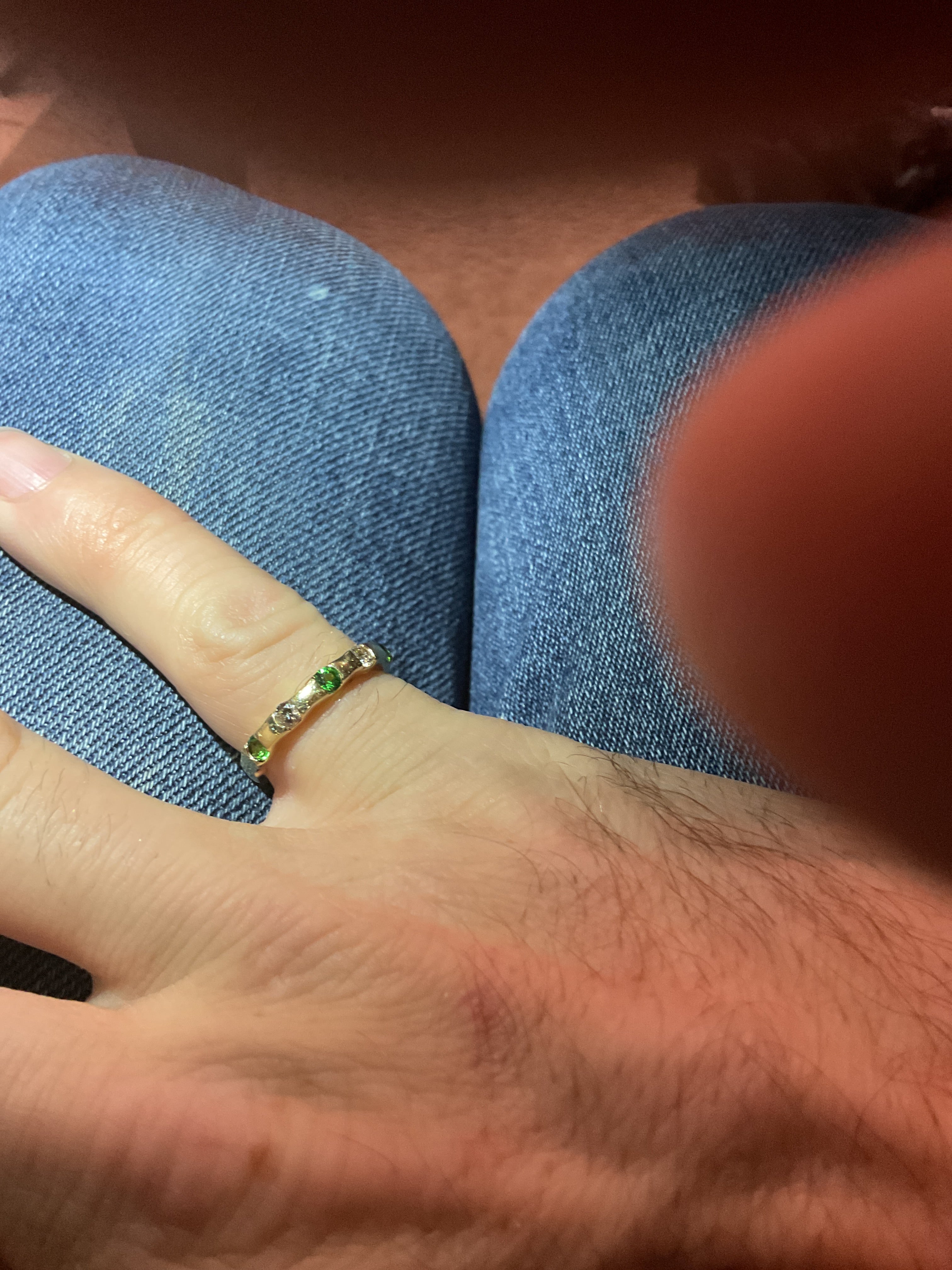 Ring with 3 tsavorite stones and 2 natural diamonds set in 14k Gold