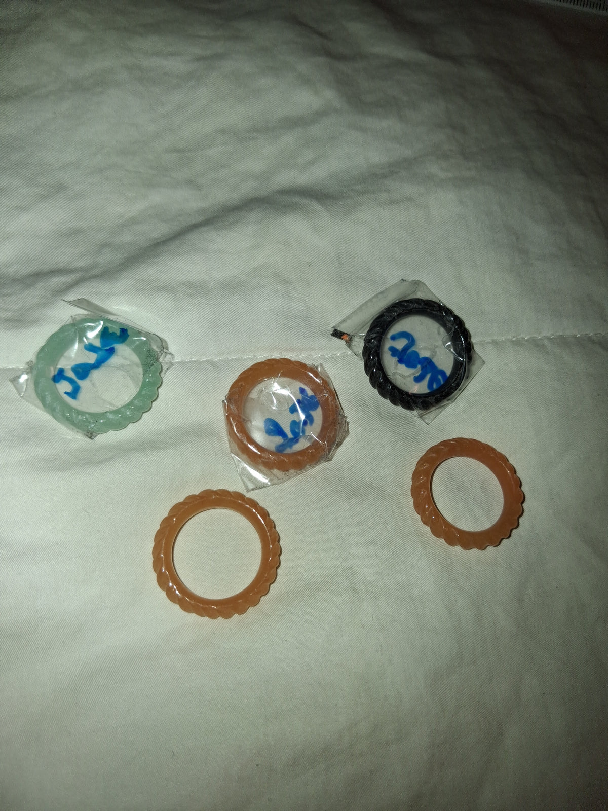 Jadeite rings, all same size 6.5 If you buy a Jade beaded braclet from us we will include a ring, free with the bracelet. All different colors so make sure and let us know what color is preferred. These are not plastic, they are stone.
